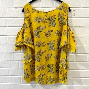 Max Studio XL Yellow Cold Shoulder Bat Wing Sleeve Floral Top